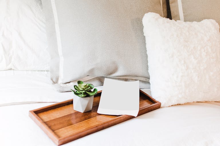 Stylish bedroom setting with a wooden tray, succulent, and fluffy pillows for a cozy home interior touch.